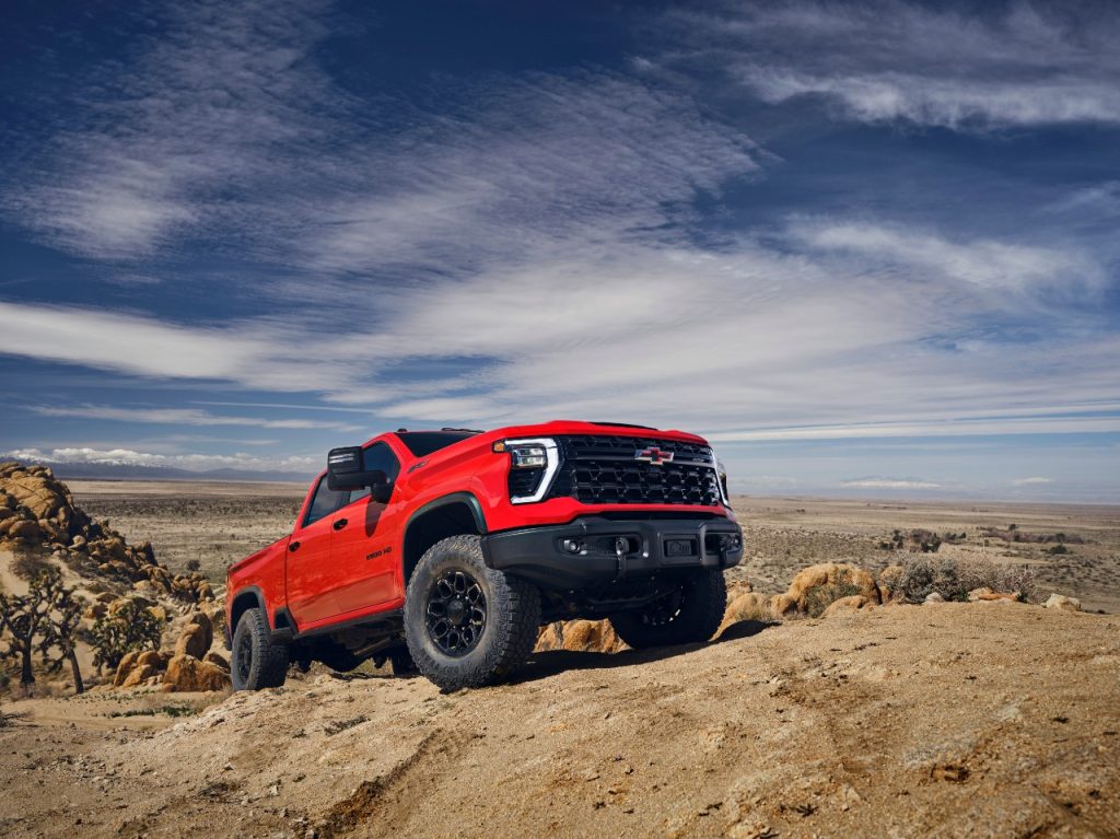 The Silverado HD ZR2 Bison climbing a trail.